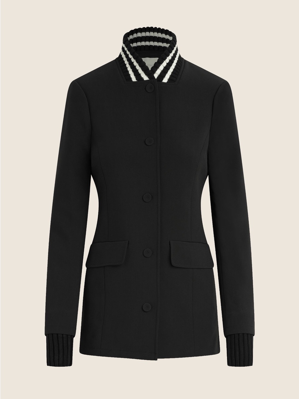 Favorite Daughter Black Button-Up Varsity Jacket with Striped Collar